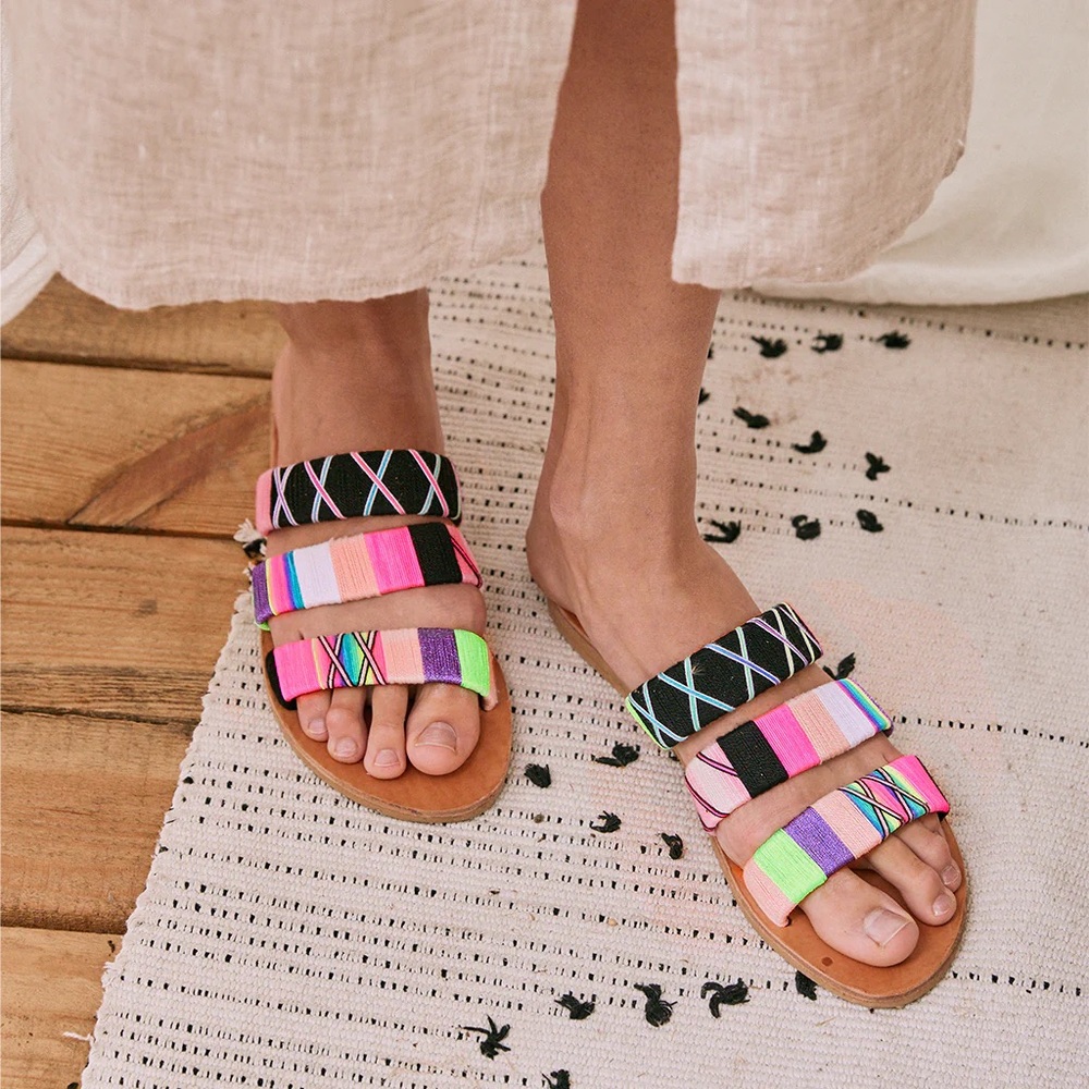 LE POM POM Penny Three Strap Rainbow Thread Slide Sandals with Charms